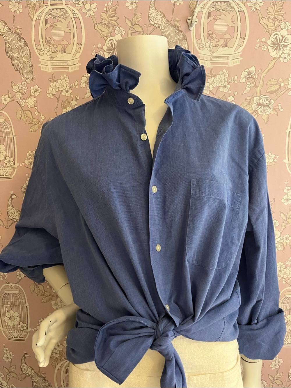Woman’s Blue,Ruffled-Collar upcycled Men's Shirt